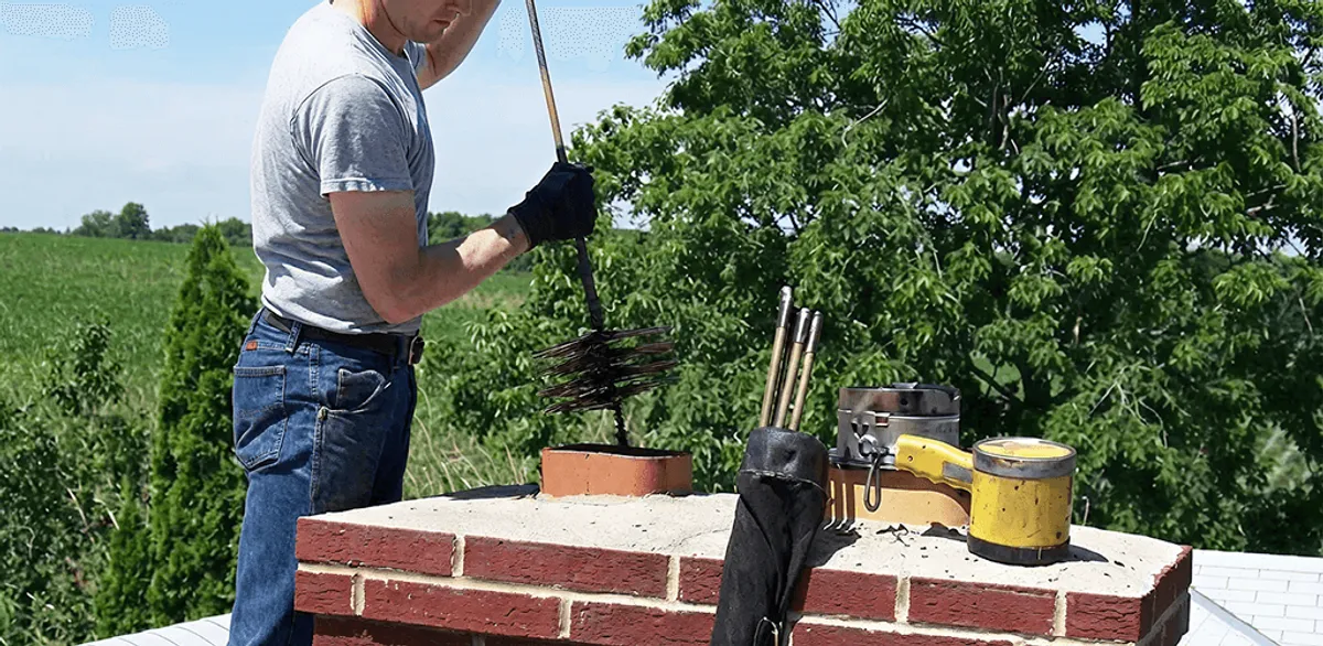 Chimney cleaning technician working on a rooftop chimney with professional tools in Portland, OR