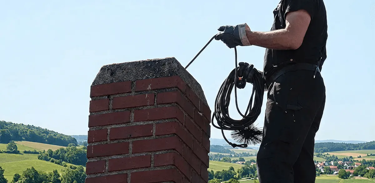 Chimney sweep inspecting and cleaning a rooftop chimney in Portland, OR