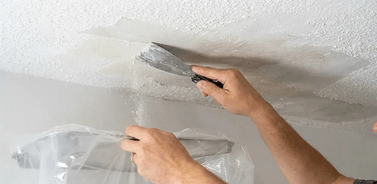 Popcorn ceiling removal technician scraping texture from a ceiling in Portland, OR