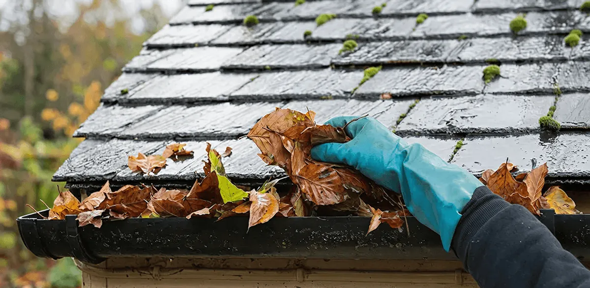Gutter cleaning technician clearing wet leaves from roof gutters in Portland, OR